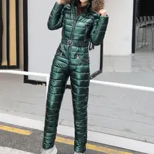 

One Piece Ski Suit Women High-waist Comfortable Solid Color Jackets Winter Hooded Jumpsuit Lady Cotton Zipper Tracksuits