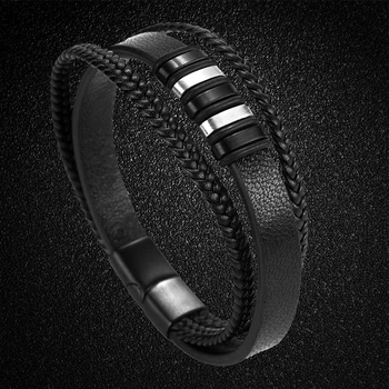 

Simple style multi-layer woven leather bracelet cool stainless steel magnetic buckle bracelet fashion punk man bracelet jewelry
