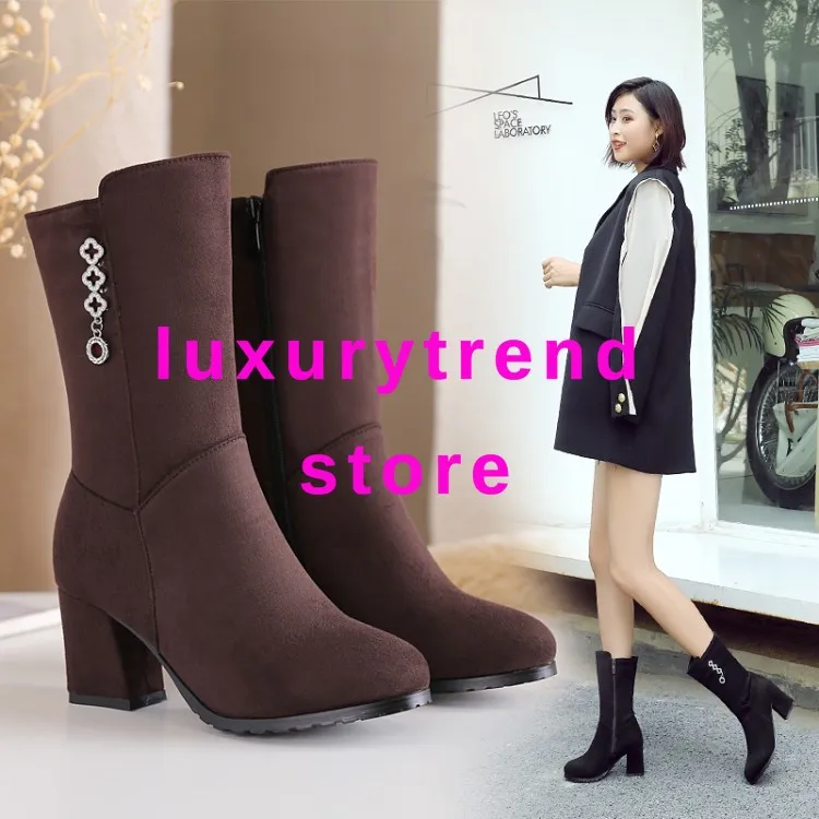 

Top Quality 2019 Autumn Luxury High Heels Gothic Flock Retro Leather Ankle Winter Boots Women Booties Designers Woman Mid-calf