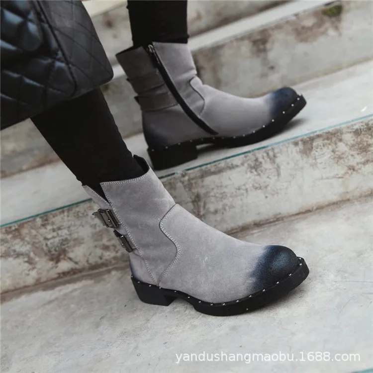 

2019 New Style round-Toe Retro Side Zipper Biker Boots Large Size-Style Leather Chunky-Heel Low Heel Boots