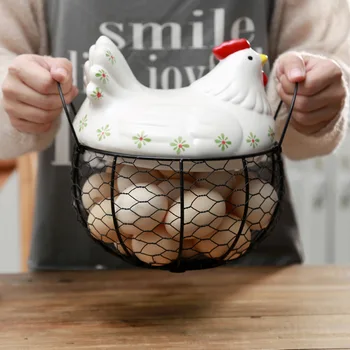 

1pcs Creative Ceramic Egg Holder Chicken Wire Egg Basket Fruit Basket Collection Ceramic Hen Oraments Decoration Kitchen Storage