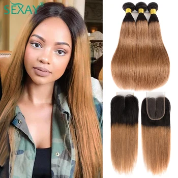 

1B/30 Brown Bundles With Closure Ombre Dark Blonde Hair Remy Brazillian Straight Human Hair Extensions 2/3 Bundles With Closure