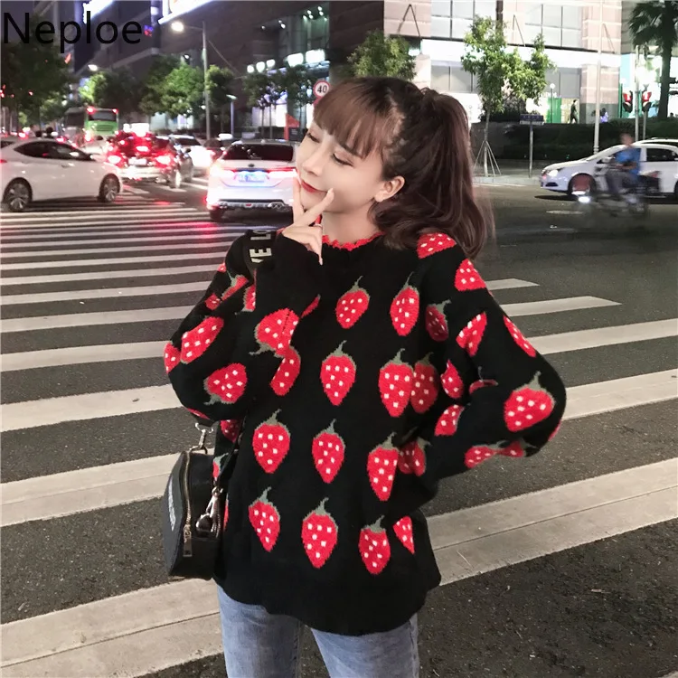 

Neploe 2019 New Autumn Winter Sweater Female Sweet Strawberry Knit Pullovers Loose O-eck Harajuku Girl Black Sweaters 54114