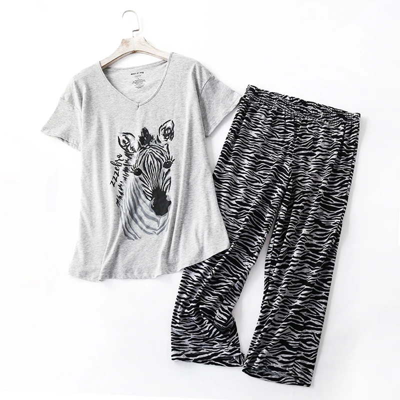 Plus size pajamas sets women Zebra Printed loose short sleeve cropped trousers sweet Cartoon sleepwear pyjamas women pajamas set women pajama suit cotton pajamas set
