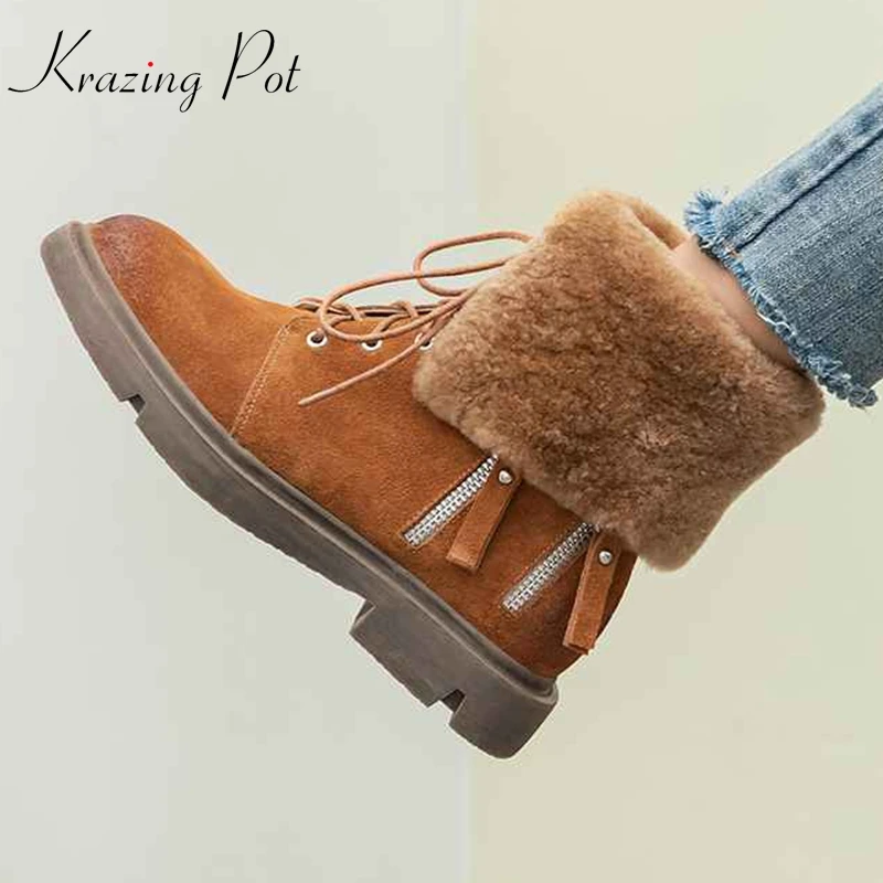 

krazing pot winter cow suede sheep fur round toe lace up thick low heels Chelsea boots chic design leep warm western boots L1f1