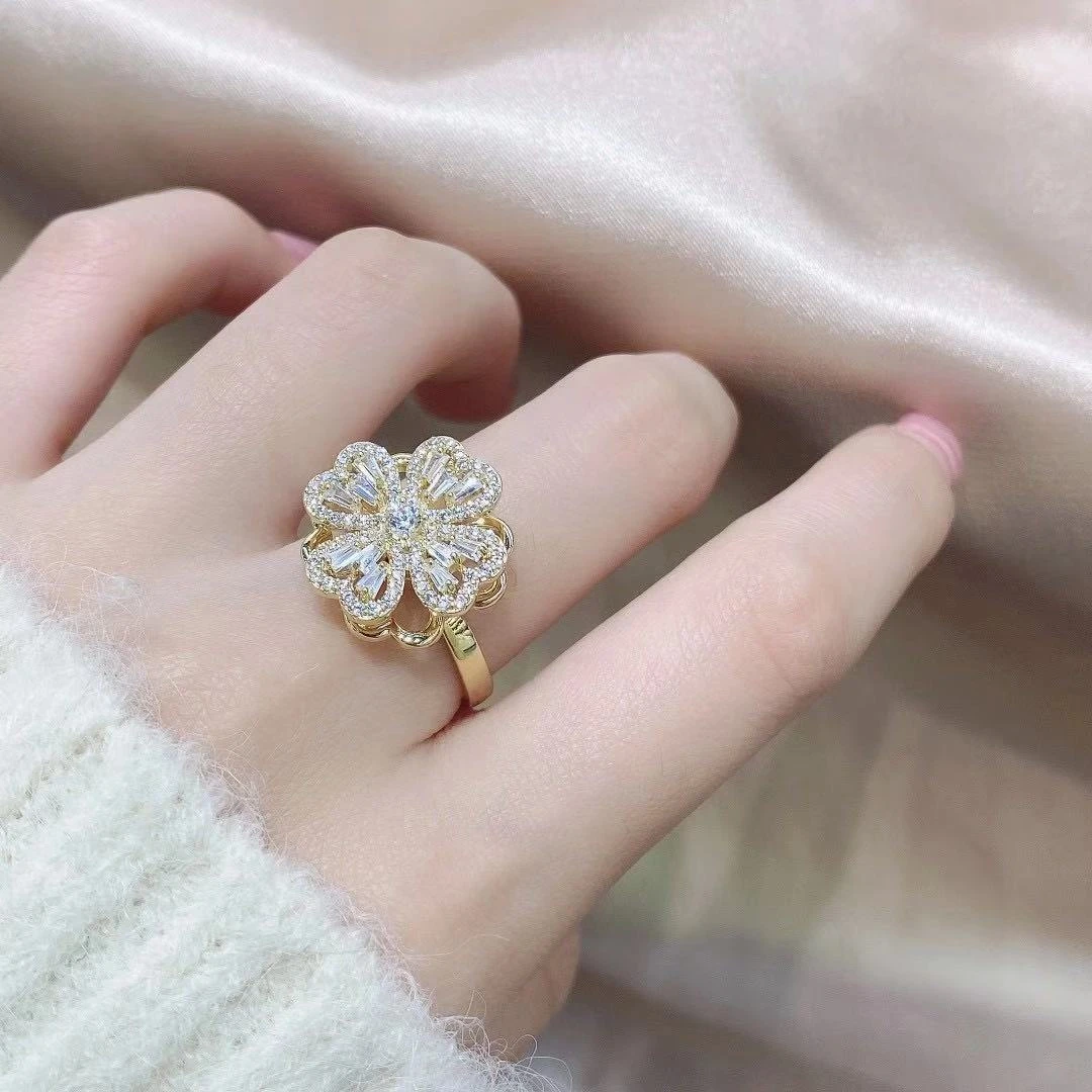 Anillo giratorio de trébol de cuatro hojas mujer, anillo molino de viento ajustable de diamante completo, anillos de apertura delicada|Anillos| - AliExpress