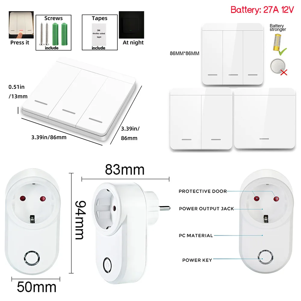 Wireless Power Outlet AC 220V 240V 15A European Standards Plug and Socket