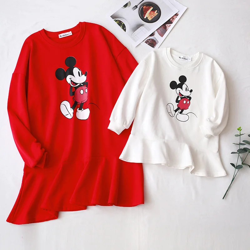 Mother Daughter Dress Cartoon Mouse Fashion Clothes Matching Family Outfits Mommy and Me Women Girls Clothing Dresses White Red