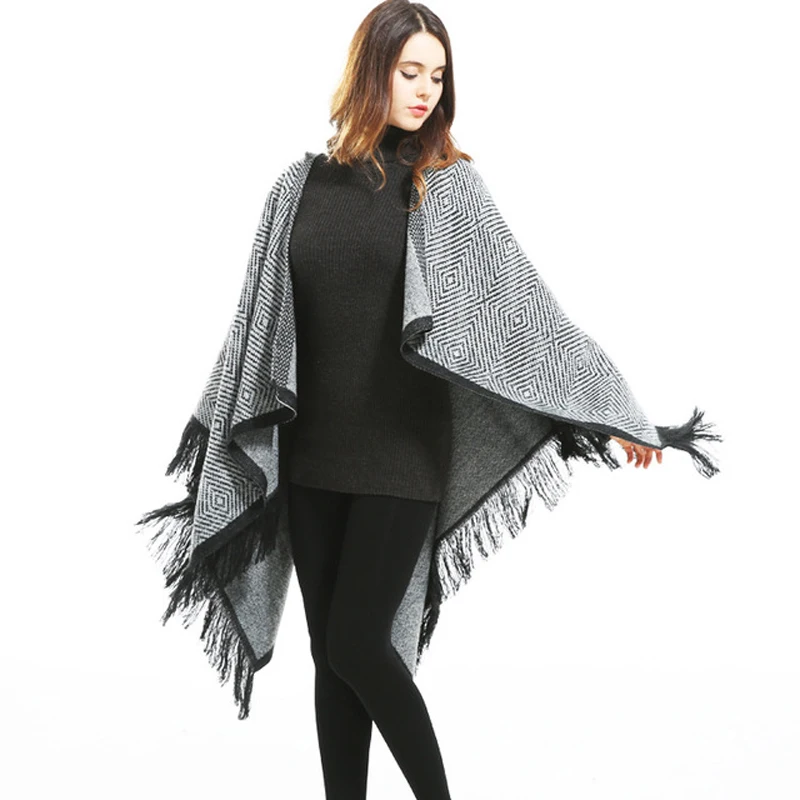 All-Match Winter Women Oversize Knitted Caps Poncho Tassel Thick Sweaters Casual Scarf Batwing Sleeve Jumper Plaid Sleeveless