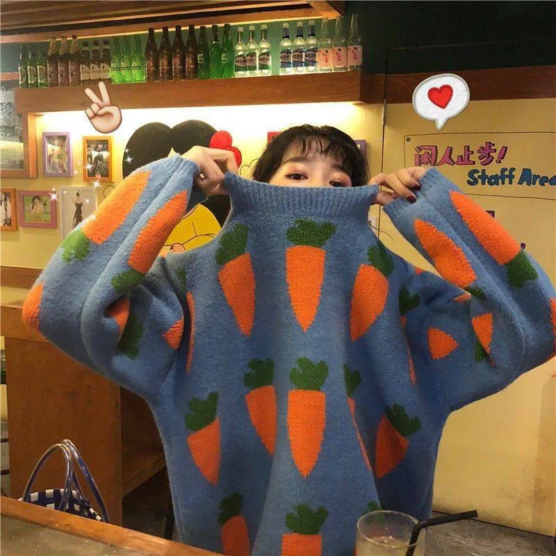 Новые Модные осенние женские свободные свитера Kawaii Ulzzang с вышивкой редиса