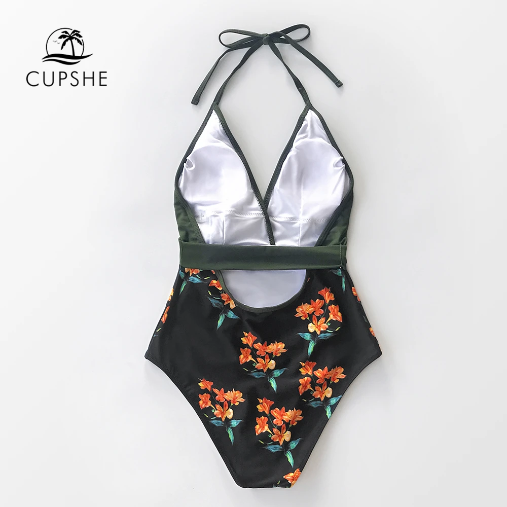 Koop Cupshe Groene En Zwarte Bloemen Halter Een Stuk Badpak Vrouwen Sexy V hals Backless Monokini 2020 Strand Badpak Badmode