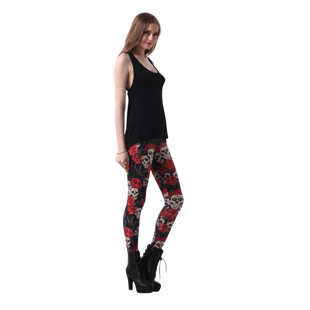 LEIMOLIS 3D printed fitness push up workout leggings women gothic retro red Rose Skull plus size High Waist punk rock pants