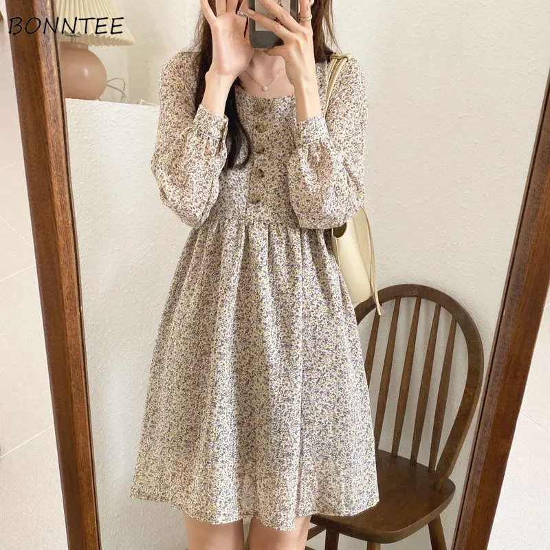 

Dress Women Vintage Floral Mori Girls Fashion Square Collar Casual Long Sleeve Tunic Elegant Retros Holiday Autumn Pregnant Chic