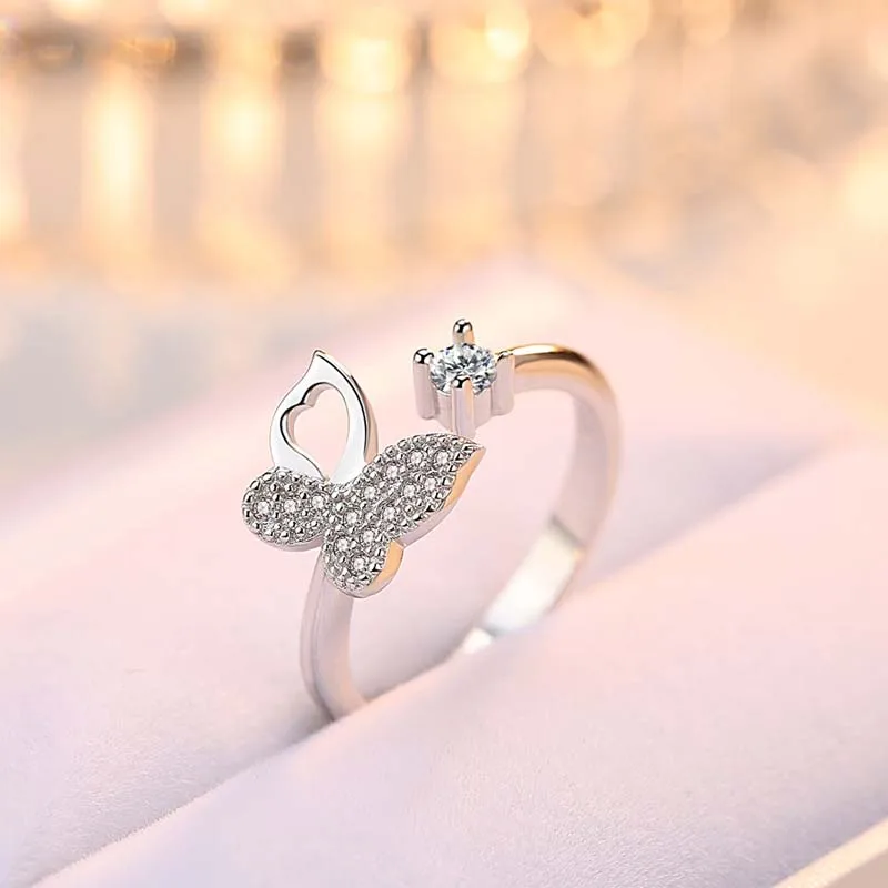 Новое 925 пробы Серебряное роскошное Кристальное блестящее кольцо с бабочкой, Дамское ювелирное изделие, модное регулируемое кольцо, Ювелирное Украшение