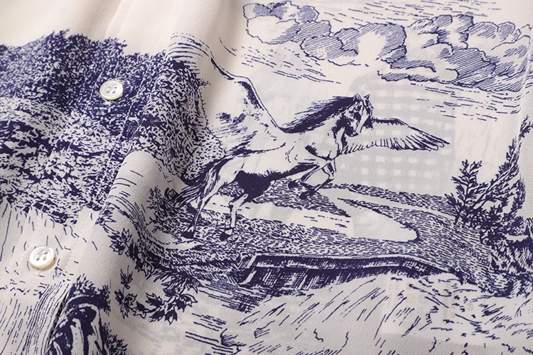 SEQINYY шелковая рубашка Лето Весна Новая модная дизайнерская женская блуза с длинным рукавом высокого качества винтажная синяя блузка с принтом