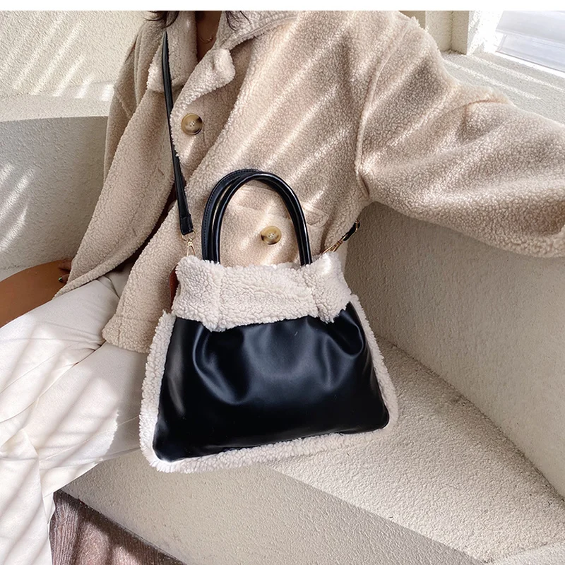 Beste Mode Lam Kasjmier Vrouwen Handbgs Designer Pluche Schoudertassen Luxe Pu Lederen Crossbody Tas Grote Capaciteit Totes Lady Purse