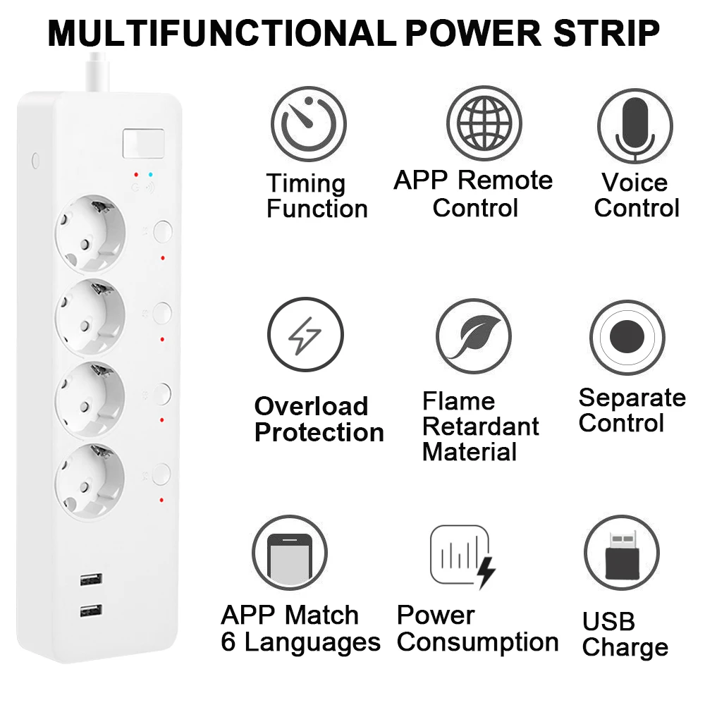 Смарт WI FI таймер удлинитель ЕС Smart Plug Мощность полосы Быстрая зарядка замер