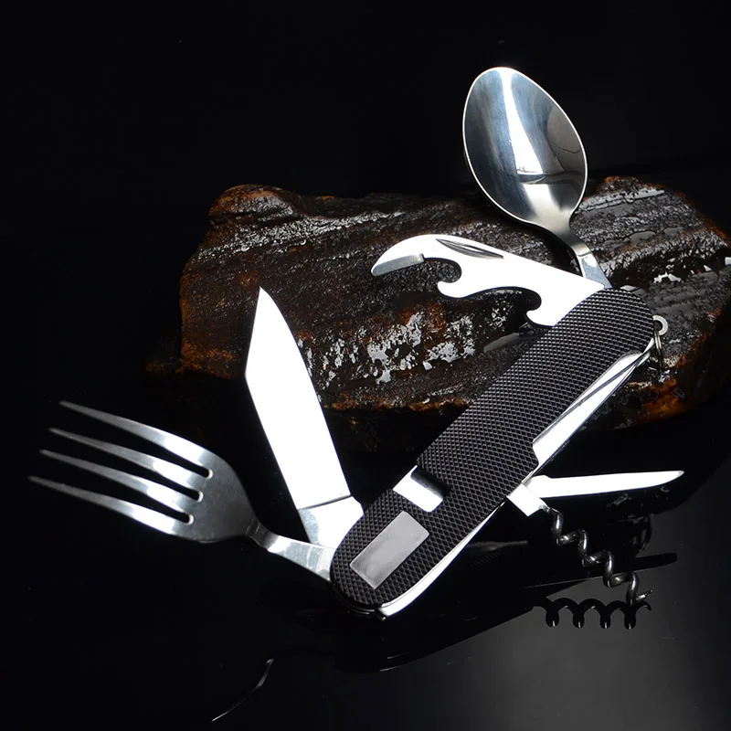 

Outdoor Multitool with Kinfe, Fork, Bottle/Can Opener Spoon Cork Screw and Key Ring for Camping and Hiking