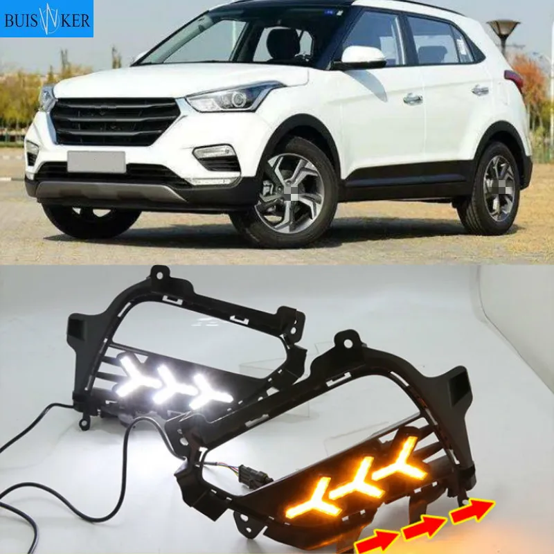

2 шт., светодиодсветодиодный дневные ходовые огни, противотуманные фары, DRL с желтым поворотным сигналом для Hyundai Creta IX25 2017 2018 2019 2020