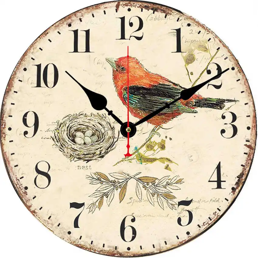 Vintage rustik ahşap duvar saati Horloge bahar kuş yuva arap rakamı Vintage rustik ahşap duvar saati Horloge bahar kuş yuva arap rakamı