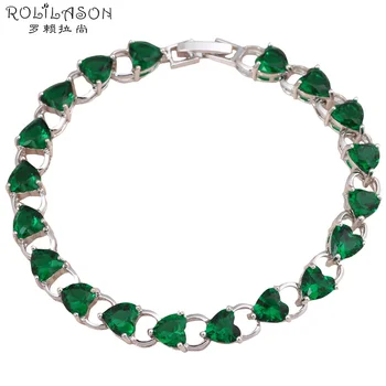 

ROLILASON easy chic design Heart shape green crystal zircon Charm silver Bracelets for mother's day women fashion jewelry TBS761