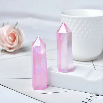 Natural Pink Aura Clear Quartz Crystal Point Electroplating Wand Healing Stone Energy Quartz Home Decoration Reiki Tower Gifts 1