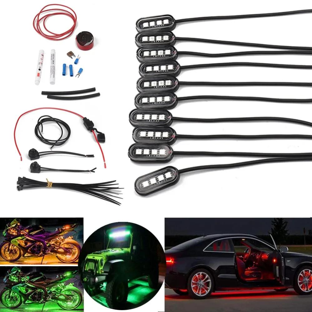 10pcs Motorcycle LED Atmosphere Light Decoration Strip Waterproof Green Red White Decorative Lights for Jeep Suv Boat Motorbike