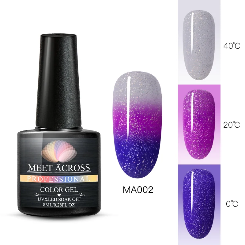 MEET ACROSS Thermal Glitter Gel Nail Polish 3 Colors Temperature Color Changing Nail Art Gel Lacquer DIY Soak Off UV Gel Varnish