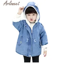 ARLONEET/джинсовые пальто теплое зимнее плотное пальто для маленьких девочек верхняя одежда на молнии с капюшоном и мультяшными ушками плащ с карманами, Детское пальто Одежда для девочек