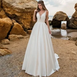 Deep V-Neck Spaghetti Strap A-Line Wedding Dresses for Brida Sleeveless Floor-Length Pleat Retro Court Train Bridal Gowns 2022