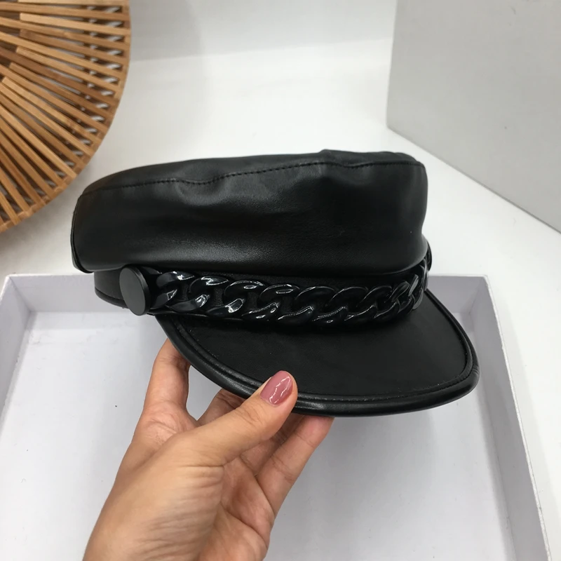 Южная Корея Инс ветряная сеть красный tide person pu кожа женская новая зимняя индивидуальность Джокер утка язык берет армейские кепки
