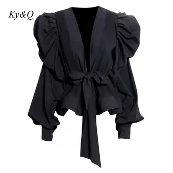 

2020 Summer Women Fashion Retro Puff Sleeve Lace-up Slimming Pleated Chiffon Shirt Elegant Sexy V-neck Black Blouse Clothes