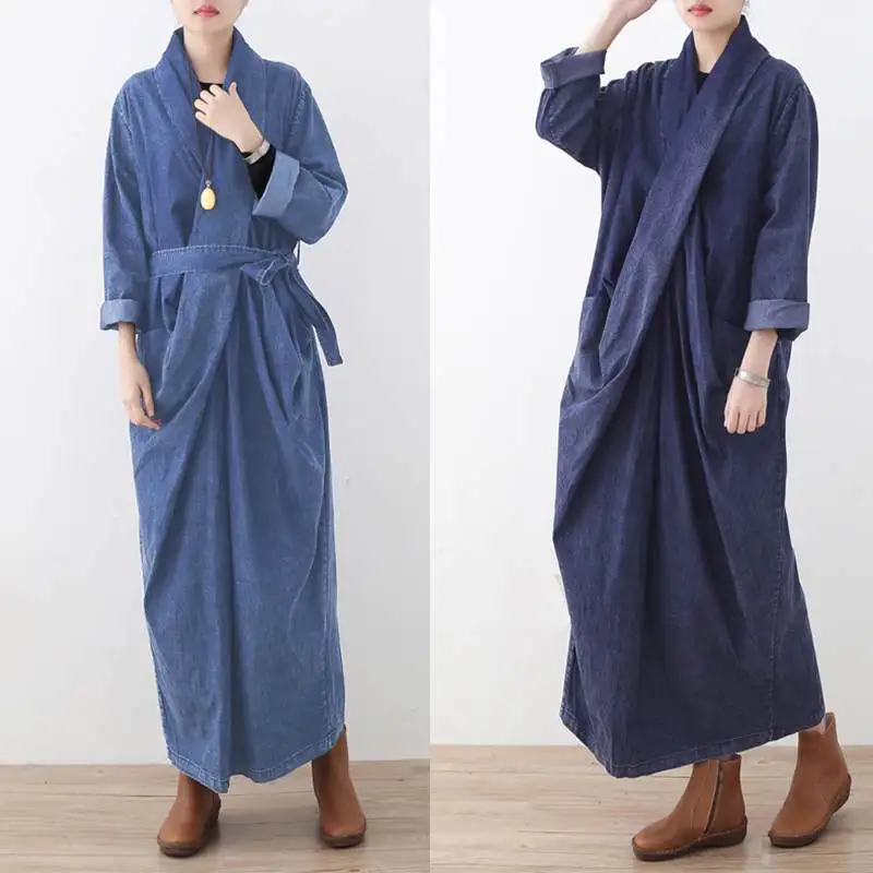 ZANZEA женское джинсовое Длинное Макси платье осень зима длинный рукав vestidos с поясом высокая талия сарафан хлопок разрез подол халат 5XL