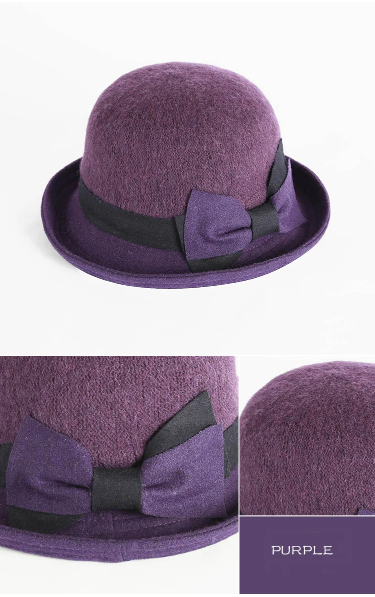 FS Fashion Gray Purple Women Wool Felt Bucket Hats Vintage Ladies Cloche Derby Bowler Cap with Bowknot Elegant Autumn Winter