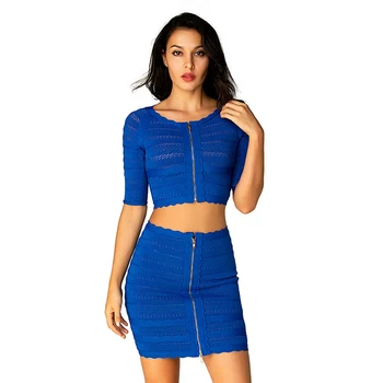 

Blue Black 2 Two Pieces Set Bandage Women Sexy Zipper Short Crop Top Mini Skirt 2019 Fashion Nightclub Party Dress Bodycon Set