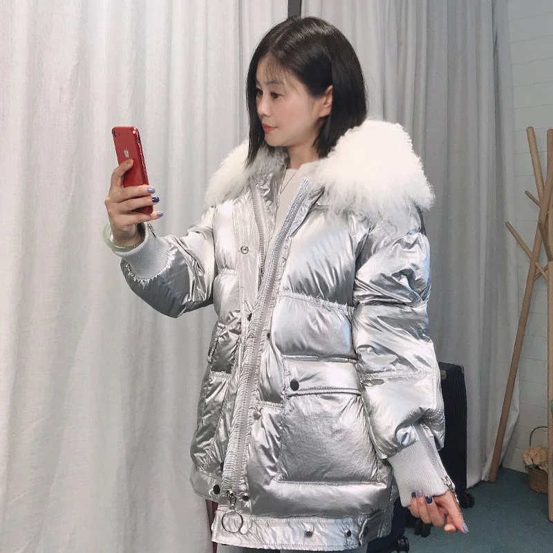 

2019 New Winter Woman Duck down Jacket Fashion Glossy Jackets Woman Winter Real Wool Fur Collar Warm Bread Parkas