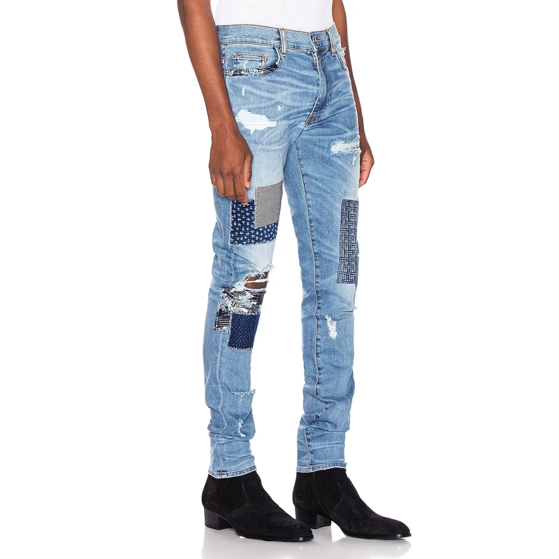 Модные уличные мужские джинсы синего цвета в стиле пэчворк обтягивающие эластичные рваные джинсы мужские панковские штаны рваные джинсы в стиле хип-хоп Homme