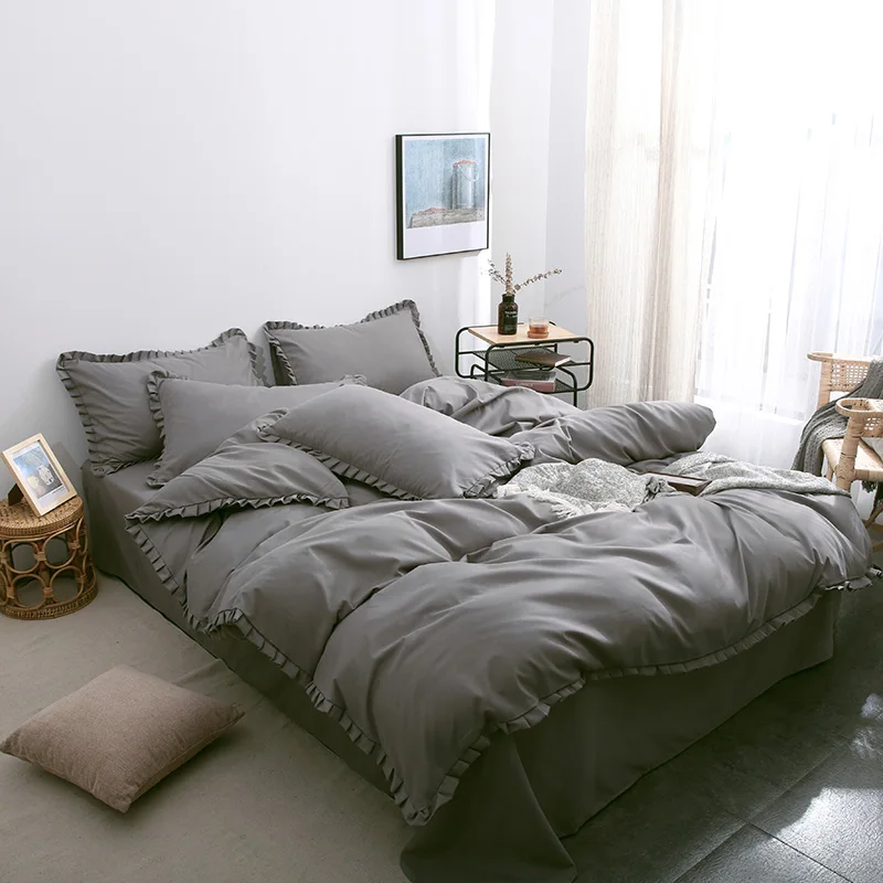 Корейский шлифование 4 предметов Верхняя одежда со складками и кружевами чистый и элегантный серый набор для двуспальной кровати наволочка