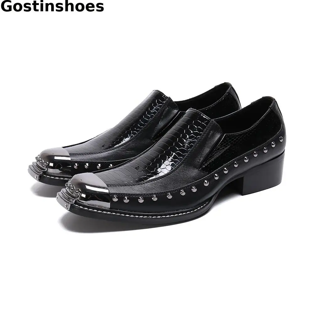 

Men Oxfords Shoes Genuine Leather Snake Skin Printed Metal Toe Capped Men Causal Shoes Black Slip On Leisure Business Shoes