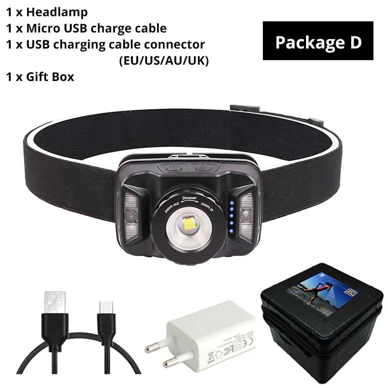 Package-D Перезаряжаемый светодиодный налобный фонарь с переключатель ИК-датчика 6 режимов освещения Водонепроницаемая фара Вращающаяся головка с увеличением заряда батареи - Испускаемый цвет: Package-D