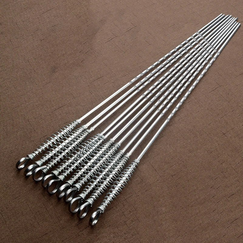 50cm Stainless Steel BBQ Skewer Barbecue Tool Spring Handle Kebab Flat Needle Outdoor Picnic Accessories 6 12pcs