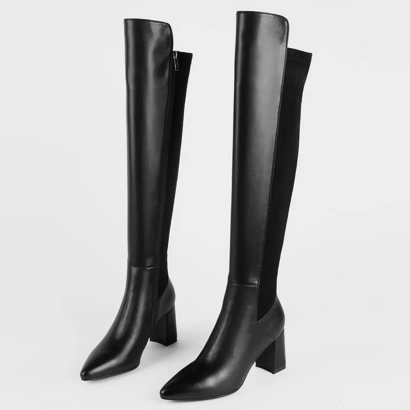 Vintage Female Over The Knee High Boots Fall Winter Newest Working Party Classic Basic Cow Leather Women's Shoes