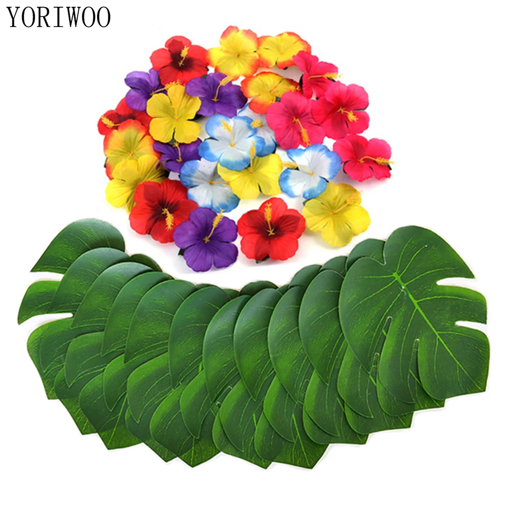 Flores artificiales verdes de 12 piezas, hojas de palma Monstera, playa Tropical, hawaiana, decoraciones para fiestas, suministros de cumpleaños y bodas