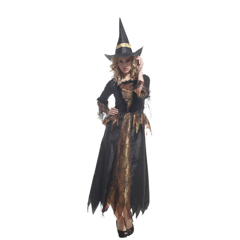 Umorden/роскошный костюм ведьмы черного и золотого цвета с пауком, Женский костюм колдуньи для костюмированной вечеринки для девочек, детское нарядное платье на Хэллоуин, год