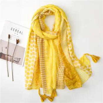 

Women Autumn Yellow Polka Floral Tassel Viscose Scarf Luxury Brand Print Pashmina Shawl Foulard Ladies Fashion Muslim Hijab Caps