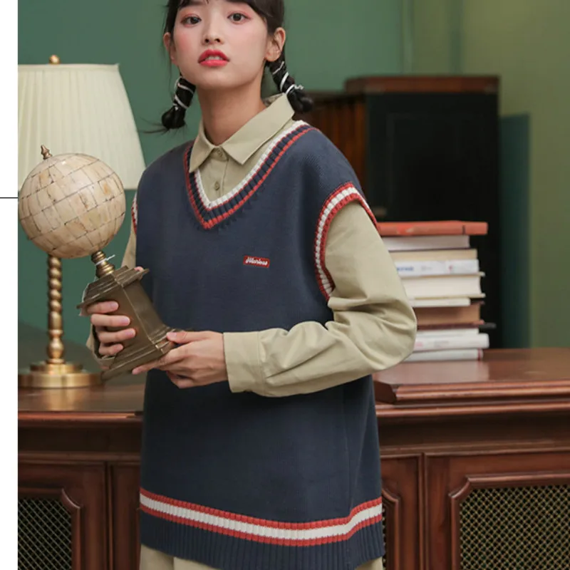 Sweater Vest for Female Autumn and Winter 2019 New Loose Boyfriend V-neck Stripe Patchwork Sleeveless Knit | Женская одежда