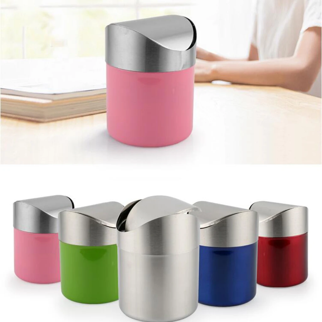 Silver/Red/Green/Pink/Blue 16.5 cm Height Stainless Steel Trash Bin Garbage Can Wastebasket with Cover Creative Tool