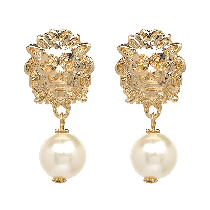 

Women Lion Head Faux Pearl Drop Earrings Retro Style Personality Stud Earrings For Women M1289B