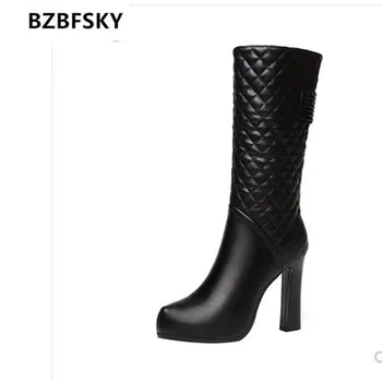 

2021Genuine leather Boots Woman Mid Calf Boot Slim Women Winter Shoes Plush Lining Square Heel Footware Female BLACK PLATFORMS