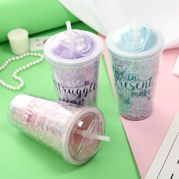 

Popular Glitter Patterns Double Layer Ice Cream Design Innovative Plastic Straw Bottle Creative Dessert Shop Water Bottle